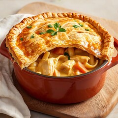 butter chicken noodle concept. A delicious chicken pot pie with a golden crust, filled with creamy chicken, vegetables, and herbs, served in a rustic red pot.