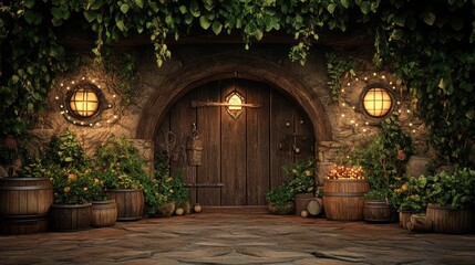 Fototapeta premium Rustic stage background with warm earthy tones, deep browns, and soft greens in the countryside scenery, creating a cozy, homey atmosphere for a family play