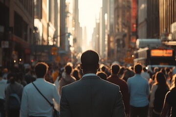 Obraz premium Backlit Man Commutes Through Citys Crowded Streets