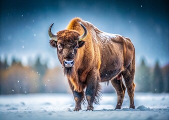 Majestic European Bison in a Serene Winter Landscape Captured with Long Exposure, Showcasing the Beauty of Nature and Wildlife in Snowy Fields