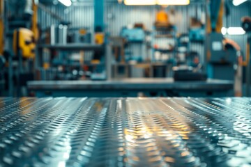 Obraz premium Metal blank tabletop with blurred automotive tools