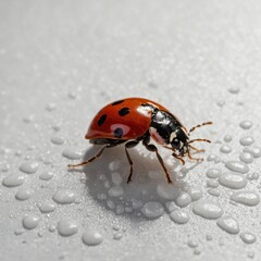 Fototapeta premium A ladybug crawling on a clean, white surface.