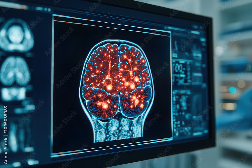 Poster artificial intelligence in medical detection. brain imaging analysis showcasing neural activity and 