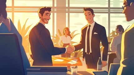 usiness Deal Sealed: Cartoon-Style Illustration of Young Businessman Shaking Hands with Team, Celebrating Success and Collaboration in an Office Meeting
