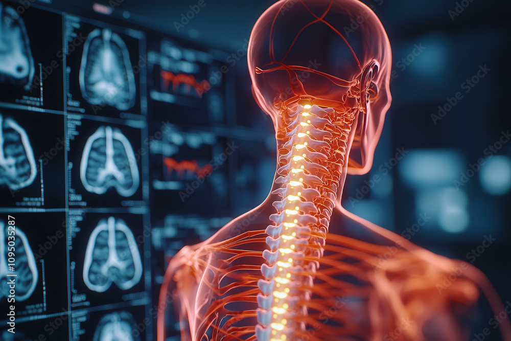 Poster artificial intelligence in medical detection. anatomical illustration of human spine with highlighte