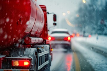 Close up of a red tanker truck braving a snowy highway