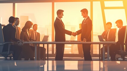 usiness Deal Sealed: Cartoon-Style Illustration of Young Businessman Shaking Hands with Team, Celebrating Success and Collaboration in an Office Meeting