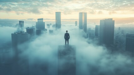 Fototapeta premium Dramatic Skyline View of City Skyscrapers with a Figure Standing Amidst Fog and Clouds at Sunrise, Capturing an Aerial Perspective of Urban Landscape