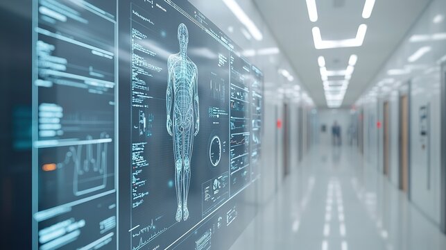 interface showing patient data collected by healthcare technology devices, floating on a clean white background, representing advanced diagnostics