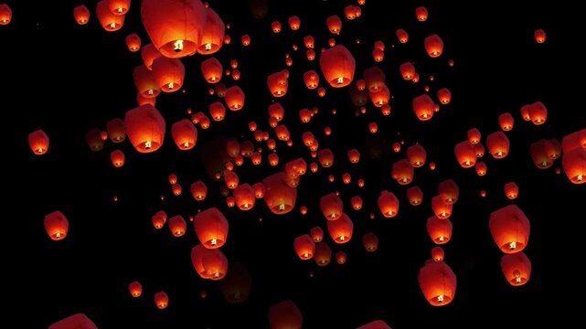 Lanterns Rising in Celebration of Thailand's Lois Kratom Festival - A Vibrant Display of Culture, Joy, and Tradition Blending Light, Motion, and Serenity. ten thousand hot air lantern in sky.