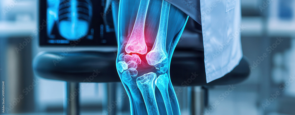 Poster artificial intelligence in medical detection. knee joint x ray showing fractures and structural issu