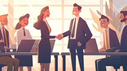 usiness Deal Sealed: Cartoon-Style Illustration of Young Businessman Shaking Hands with Team, Celebrating Success and Collaboration in an Office Meeting