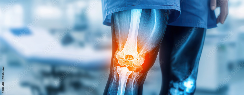 Poster artificial intelligence in medical detection. knee joint x ray showing fractures and structural issu