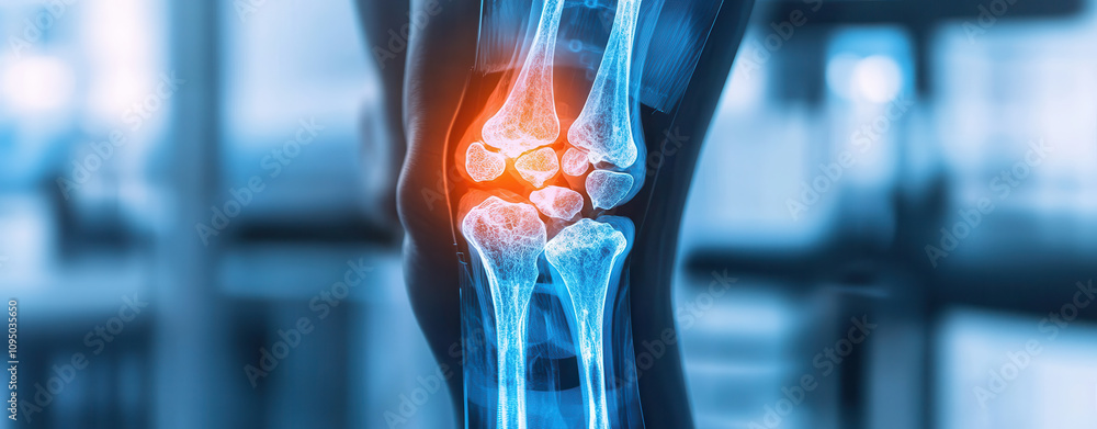 Poster artificial intelligence in medical detection. x ray image of knee joint highlighting fractures and s