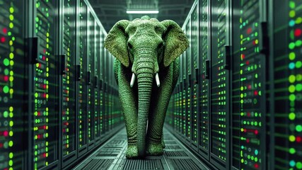 An elephant glides through a corridor of illuminated server racks, showcasing the vibrant blend of nature and technology. - Powered by Adobe
