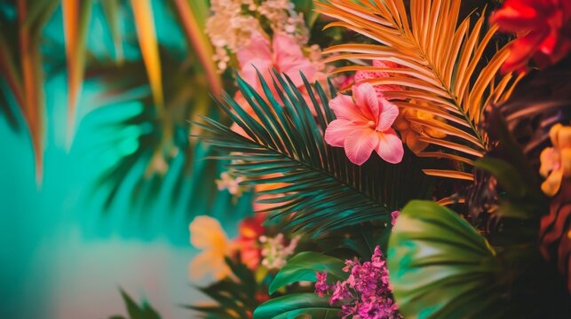 Tropical stage background with exotic greenery, textured palm leaves, and colorful flowers, creating a lively atmosphere for a vacation-themed performance