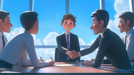 usiness Deal Sealed: Cartoon-Style Illustration of Young Businessman Shaking Hands with Team, Celebrating Success and Collaboration in an Office Meeting