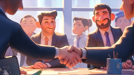 usiness Deal Sealed: Cartoon-Style Illustration of Young Businessman Shaking Hands with Team, Celebrating Success and Collaboration in an Office Meeting