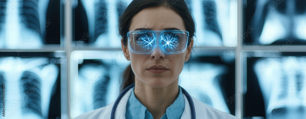 Poster artificial intelligence in medical detection. innovative medical professional wearing glasses with d