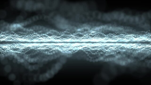 An animated wave of particles divided into two halves of a white-blue color with a glowing effect. 4K