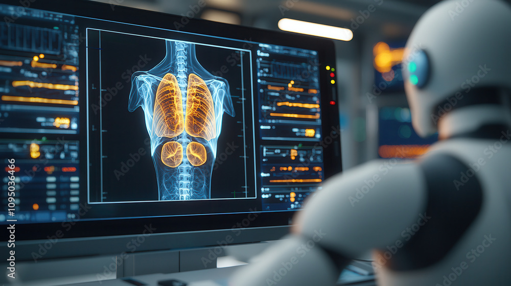 Poster artificial intelligence in medical detection. robotic system analyzing x ray of human lungs, showcas