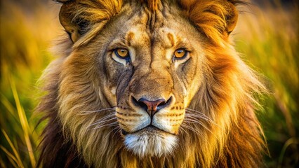 Fototapeta premium Majestic Lion Portrait Captured in Documentary Style, Showcasing the Intensity of a Wild King with Detailed Expressions and Natural Habitat, Perfect for Wildlife Lovers and Nature Enthusiasts