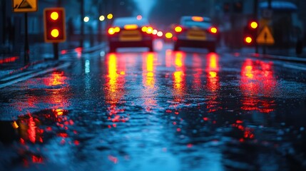 Obraz premium Rain-soaked street reflecting traffic lights and cars in a moody urban setting.