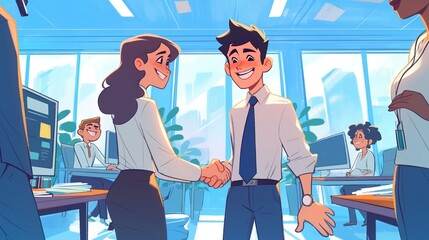 usiness Deal Sealed: Cartoon-Style Illustration of Young Businessman Shaking Hands with Team, Celebrating Success and Collaboration in an Office Meeting