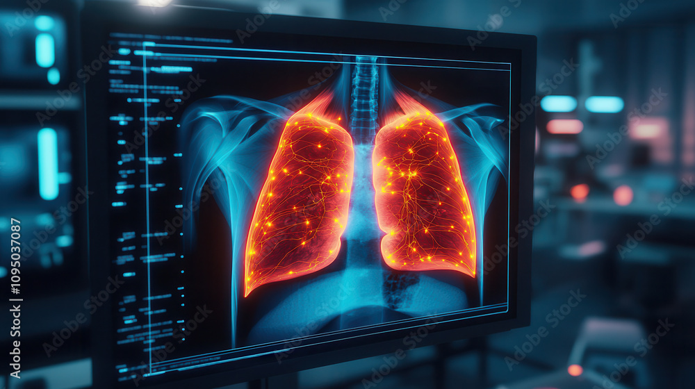 Poster artificial intelligence in medical detection. detailed x ray image of human lungs illuminated with g