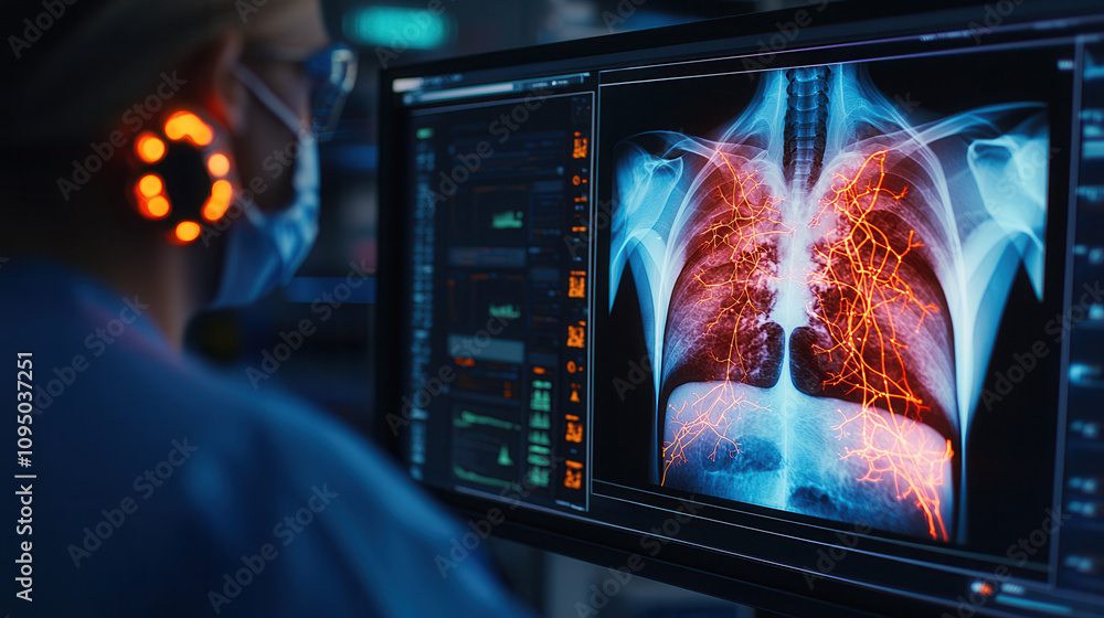 Poster artificial intelligence in medical detection. advanced x ray diagnostics reveal intricate lung struc