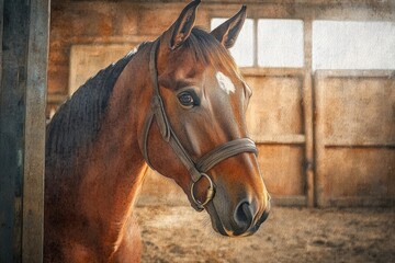 Fototapeta premium A close-up shot of a horse in its stable, ideal for equestrian-themed designs