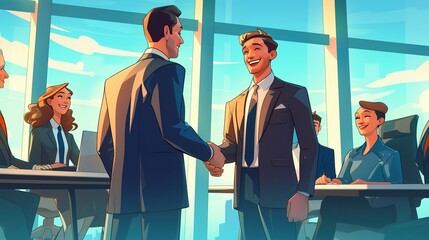 usiness Deal Sealed: Cartoon-Style Illustration of Young Businessman Shaking Hands with Team, Celebrating Success and Collaboration in an Office Meeting