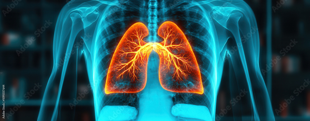 Poster artificial intelligence in medical detection. futuristic x ray of human lungs with glowing neural pa