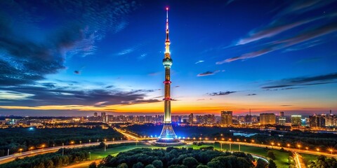 Fototapeta premium Majestic Ostankino Tower Illuminated at Night: A Stunning Low Light Photography Capture of Moscow's Iconic Landmark Against a Starry Sky