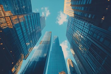 Blue Glass Skyscrapers Upward View of Downtown Business District