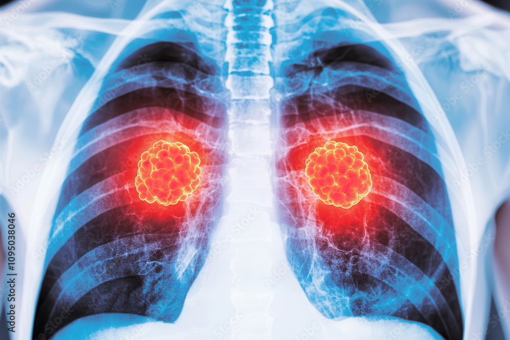 Poster artificial intelligence in medical detection. dynamic lung x ray analysis showcasing glowing areas i