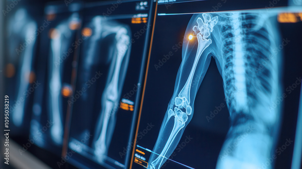 Poster artificial intelligence in medical detection. x ray images of human arm showing bone structure and j