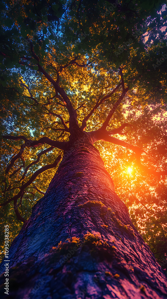 Poster a vibrant view of a tree from below, showcasing colorful leaves and sunlight filtering through.