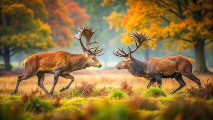 Majestic Red Deer Stag Engaged in Fierce Battle with Rival, Chasing Him Away Across the Vibrant Autumn Grassland During the Intense Rutting Season in Nature's Splendor