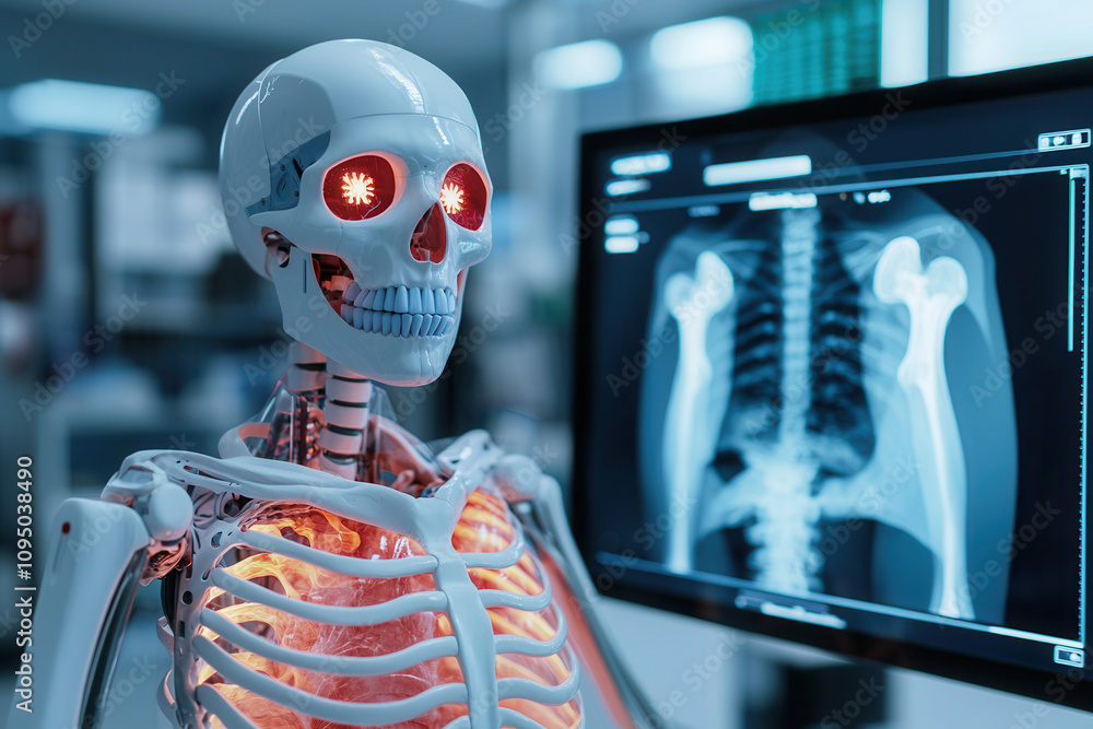 Poster artificial intelligence in medical detection. robotic skeleton with glowing eyes stands beside x ray