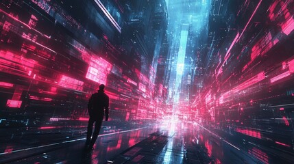 Sigma man silhouetted against the bright neon glow of a futuristic city, enveloped in a dark, misty ambiance