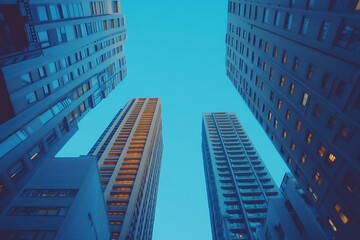Blue Hour Skyscrapers Geometric Urban Architecture