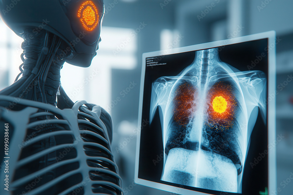 Poster artificial intelligence in medical detection. robotic assisted diagnostic system analyzes x ray imag