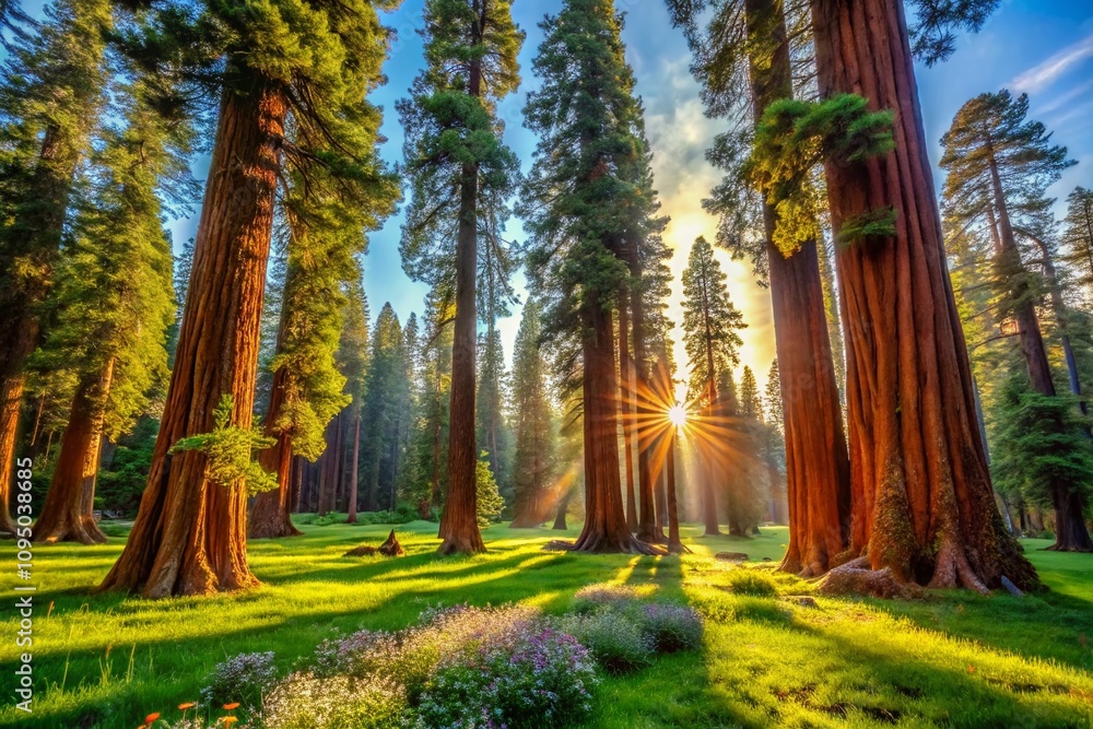 Poster majestic sequoia trees in a serene park setting with sunlight filtering through the canopy, inviting