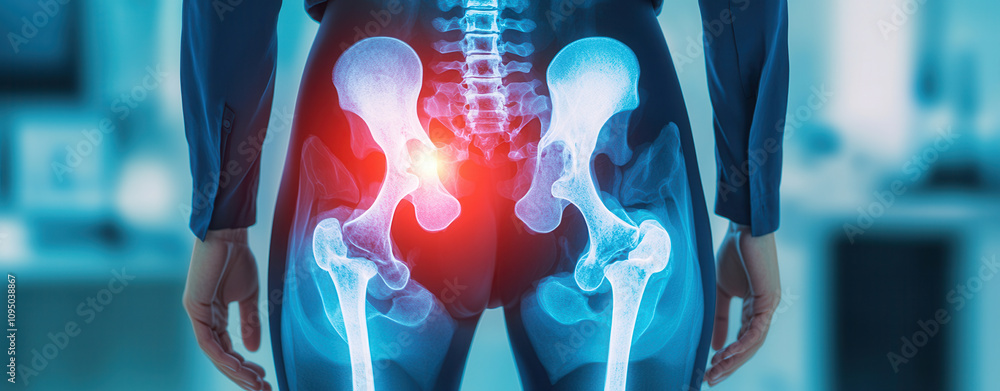 Poster artificial intelligence in medical detection. x ray image showing human pelvis and hip joints with h