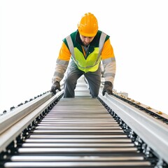 Worker inspecting industrial conveyor belt system.