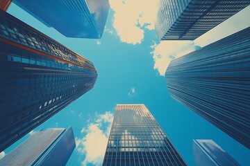 Blue Sky Cityscape Glass and Steel Skyscrapers