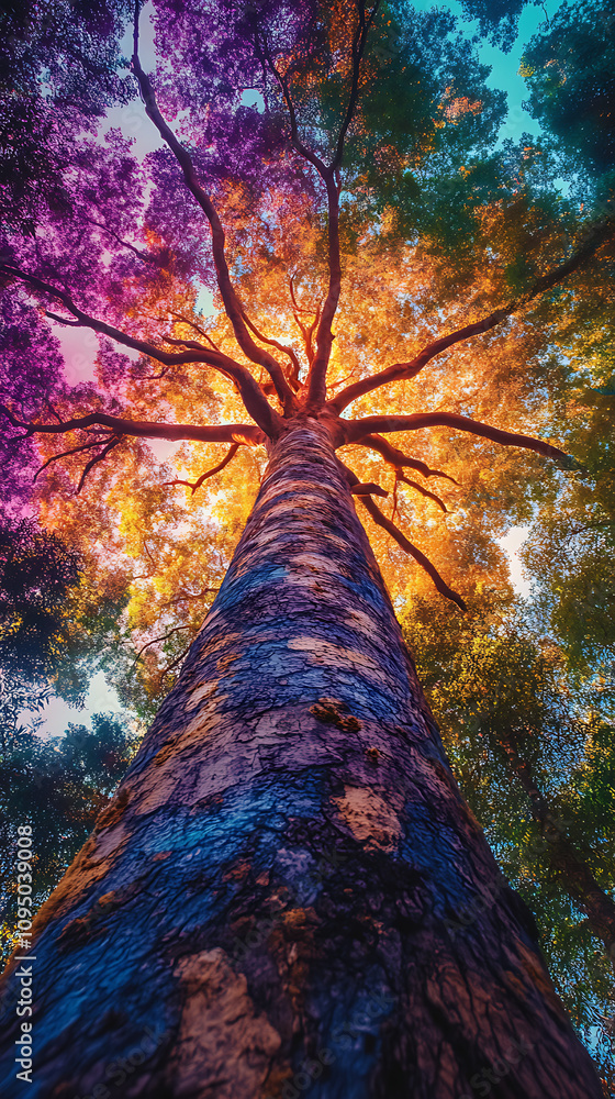 Poster a vibrant view of a tree from below, showcasing colorful foliage and intricate branches.