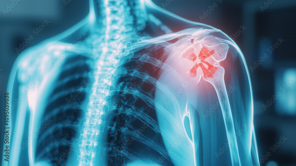 Poster artificial intelligence in medical detection. x ray image of human shoulder highlighting fracture in