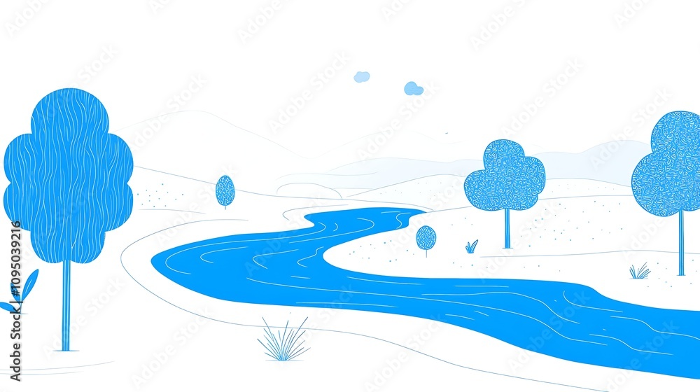 Poster a cheerful cartoon depiction of a winding river with smooth blue lines for the water, surrounded by 